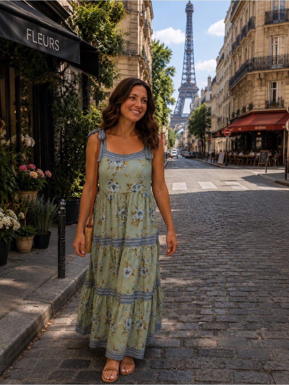 Sweet Wanderer Sage Green Floral Tie-Shoulder Maxi Dress